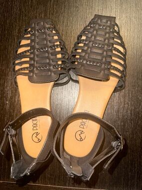 Pacifica Black Braided Strappy Flat Sandals